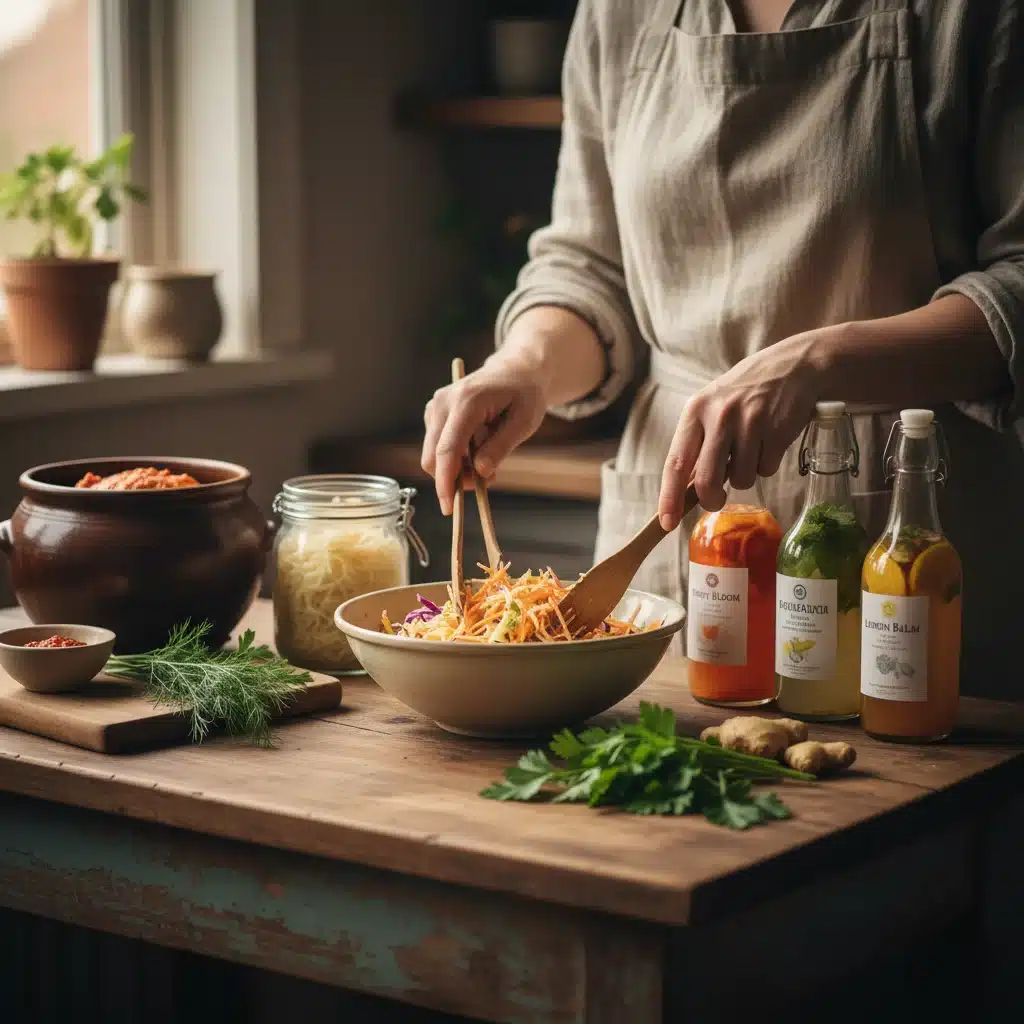 Manos preparando una comida con alimentos fermentados como kimchi y chucrut, destacando la importancia de los probióticos.