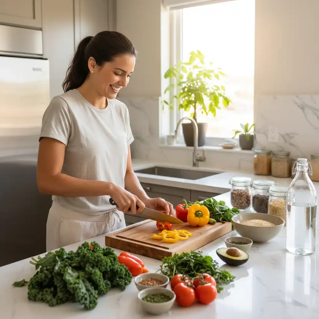 Persona feliz preparando comida saludable en una cocina moderna