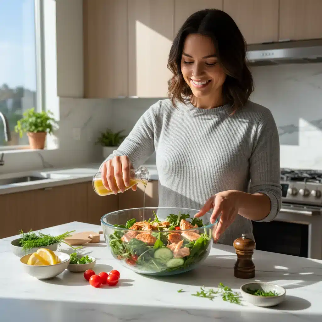 Persona preparando ensalada casera con salmón para llevar al trabajo.