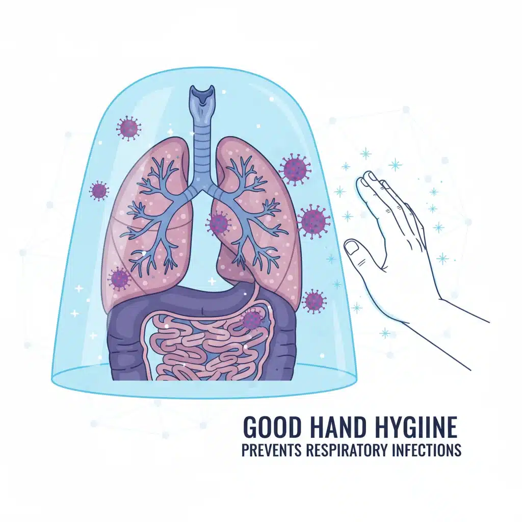 Representación gráfica de cómo la higiene de manos protege el sistema respiratorio de infecciones virales.