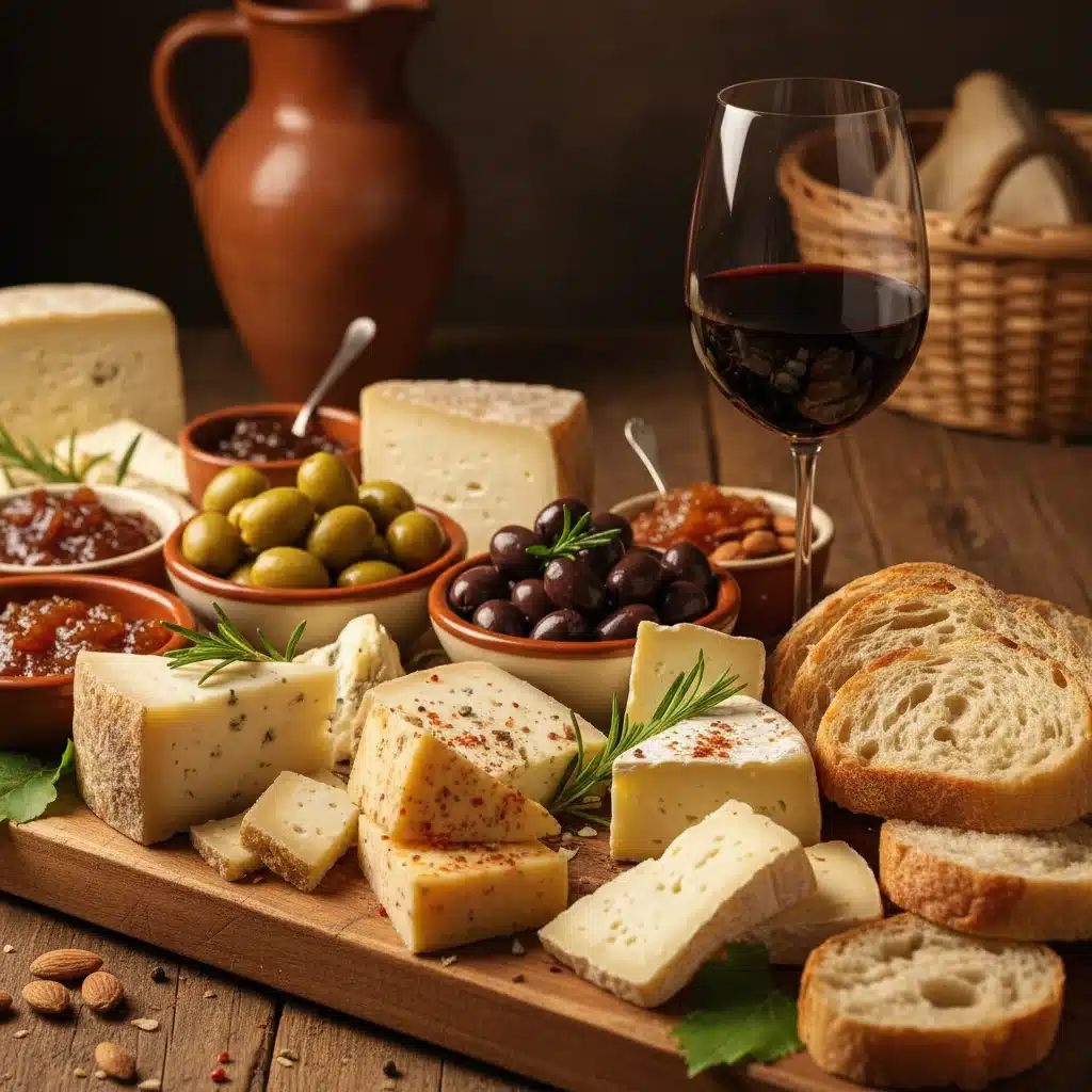 Tabla de quesos curados y aceitunas, fermentados tradicionales españoles.