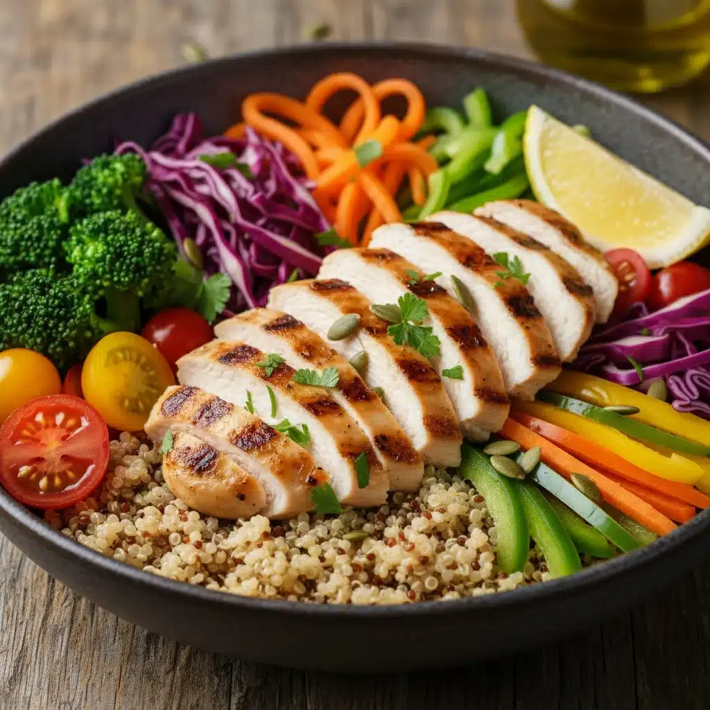 Plato de quinoa con pollo y verduras, ideal para la dieta de un deportista.