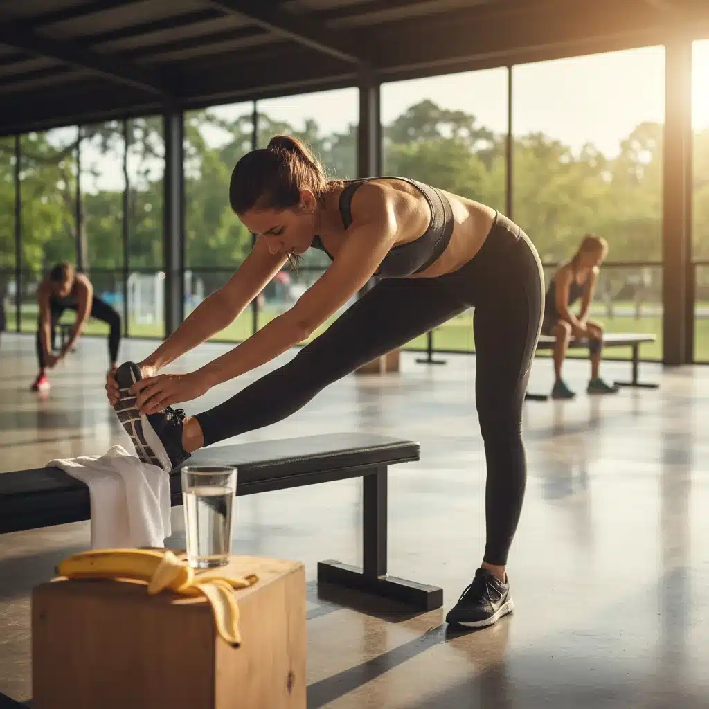 Deportista recuperándose con agua y plátano tras el ejercicio.
