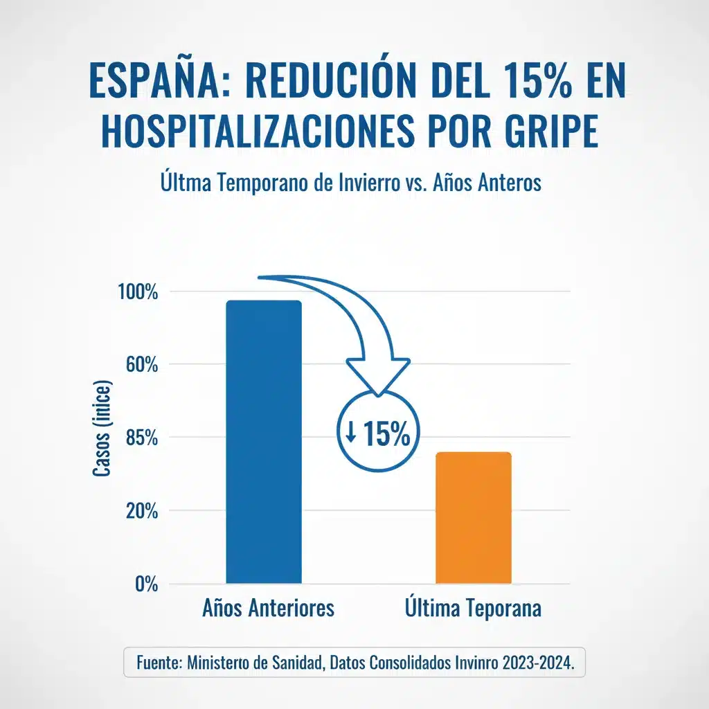 Gráfico de barras mostrando la reducción del 15% en hospitalizaciones por gripe en España el último invierno.