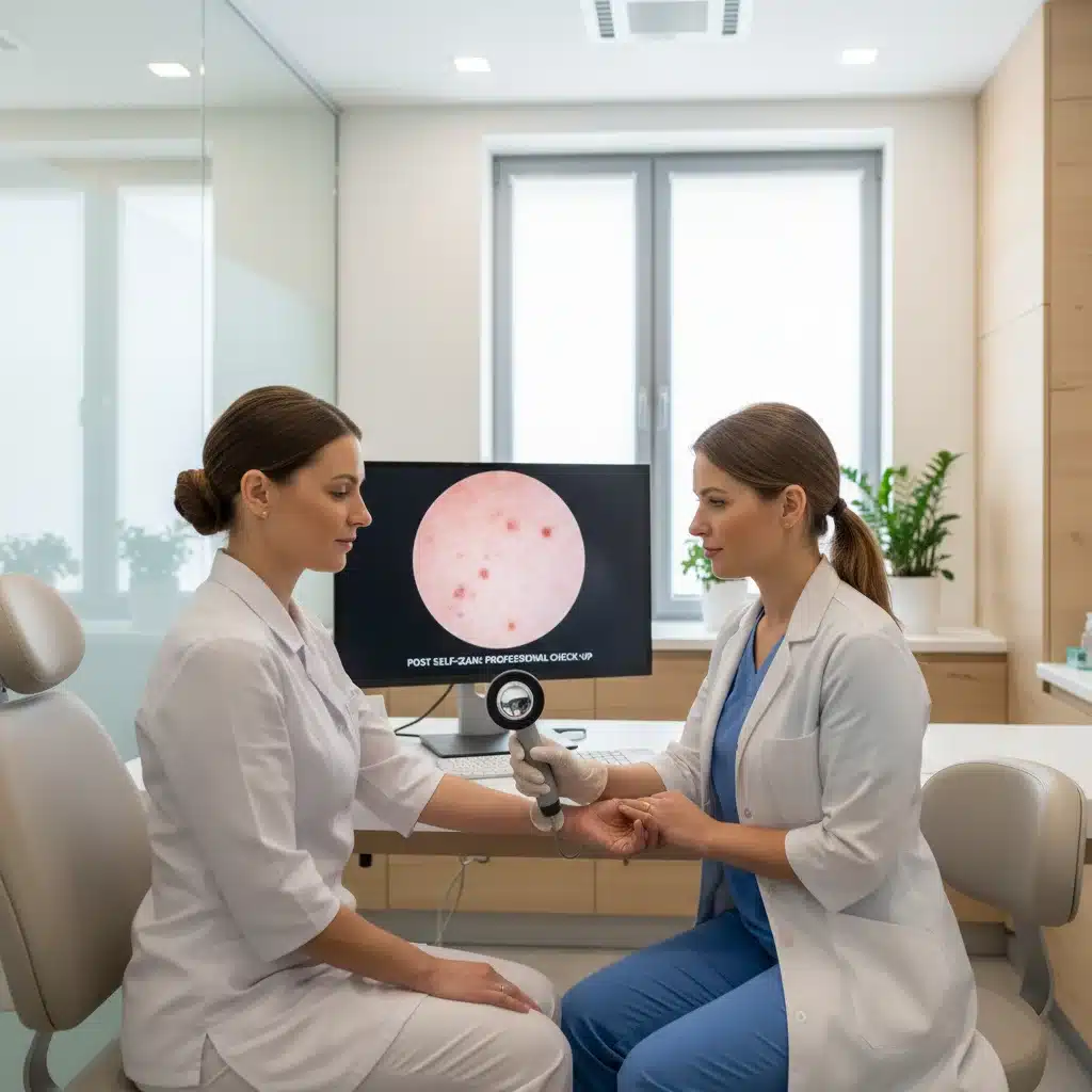 Dermatólogo examinando la piel de un paciente con dermatoscopio en una clínica.