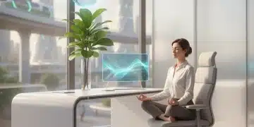 Salud Mental Preventiva 2026: Estrategias Antiestrés Laboral Mujer meditando en un entorno de oficina moderno, símbolo de salud mental preventiva y bienestar laboral.