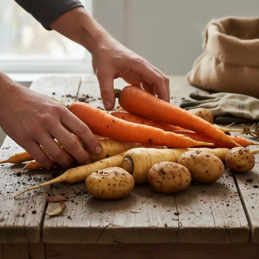 Manos seleccionando verduras de raíz frescas y de temporada