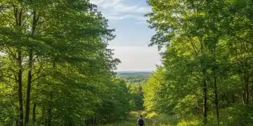 Sendero tranquilo en un bosque verde, con luz solar filtrándose, transmitiendo paz y calma.