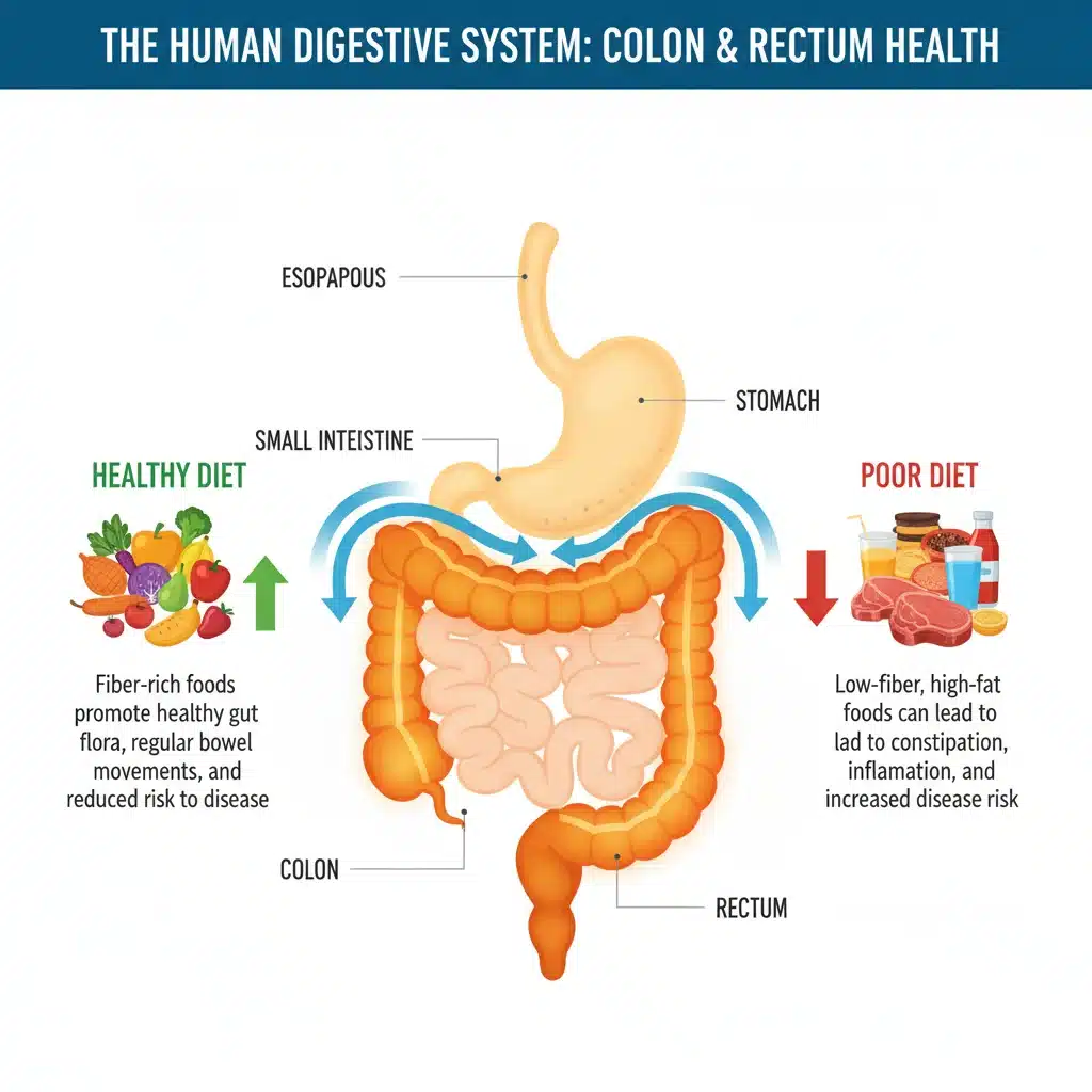 Ilustración del sistema digestivo humano, mostrando el colon y el recto, y la importancia de la dieta en su salud.