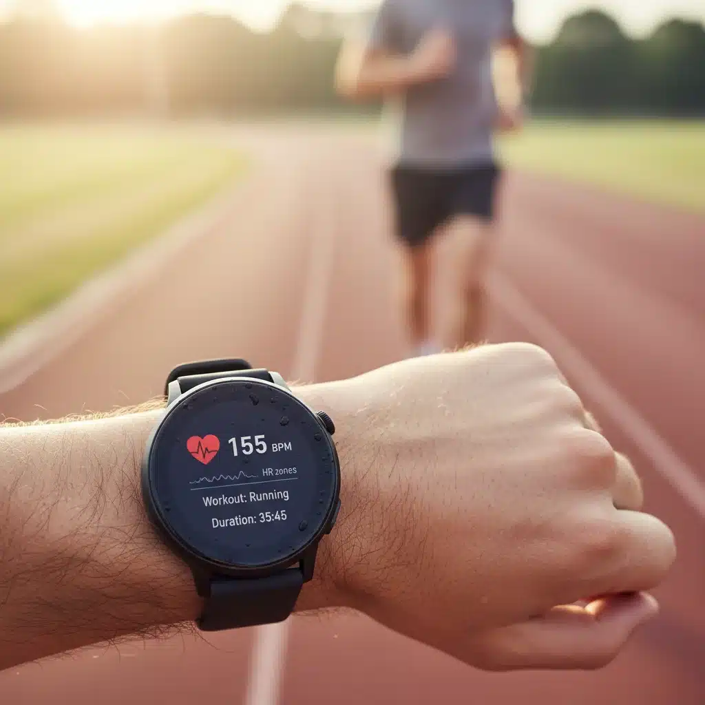 Reloj inteligente mostrando frecuencia cardíaca durante el ejercicio