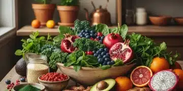 Variedad de superalimentos coloridos sobre una mesa de madera, representando las tendencias nutricionales de 2026 en España.