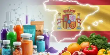 Variedad de suplementos alimenticios en España junto a alimentos saludables, representando la elección informada en 2026.