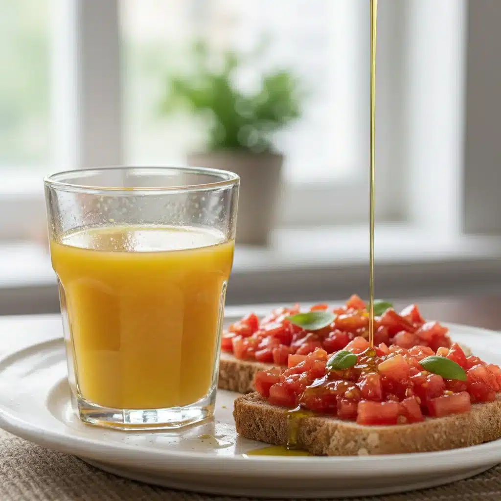 Tostada con tomate y aceite de oliva, zumo de naranja natural para deportistas.