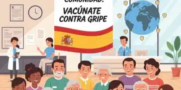 Gripe España: Claves para Reducir Hospitalizaciones un 15% Personas de diversas edades recibiendo la vacuna contra la gripe en un centro de salud, simbolizando la prevención comunitaria.