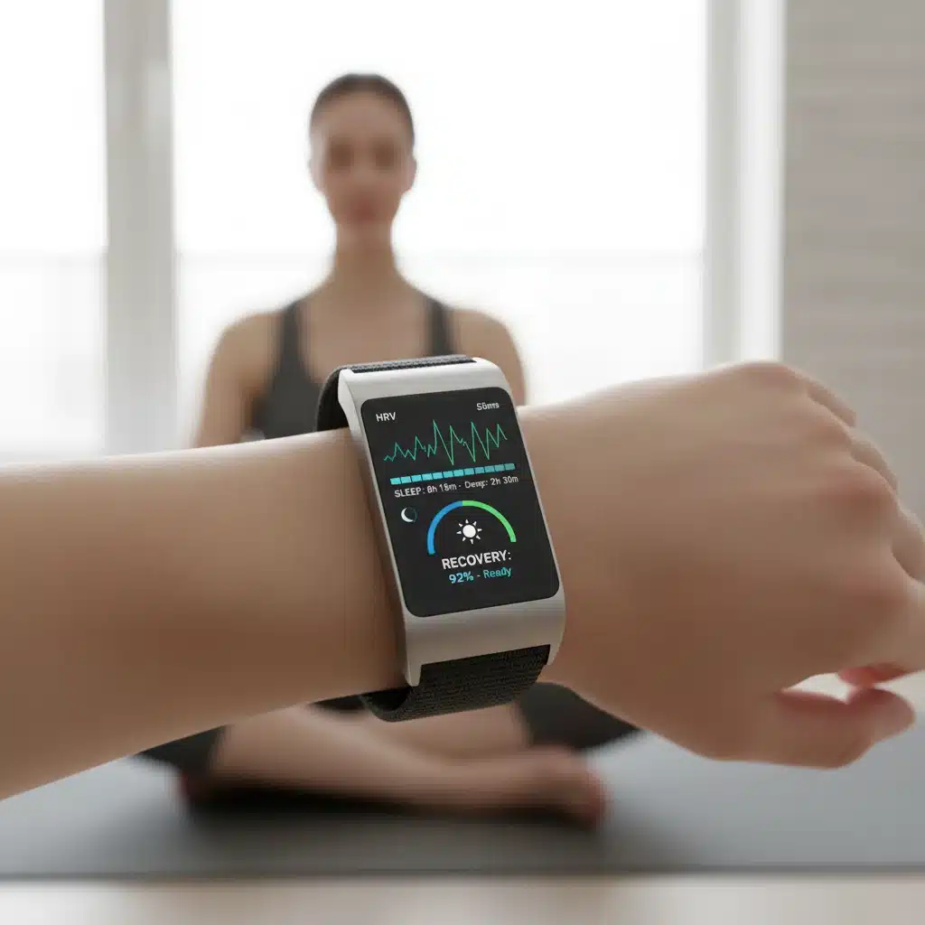 Dispositivo wearable mostrando datos avanzados de recuperación y sueño.