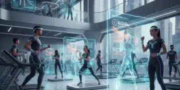 Wearables Fitness 2026: Ventaja del 15% en tu Entrenamiento Persona entrenando con dispositivos wearables futuristas, mostrando datos biométricos en pantallas holográficas.