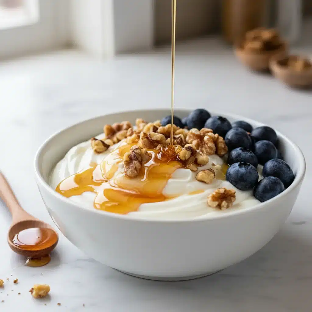 Yogur griego con miel y frutos secos, desayuno saludable para el rendimiento.