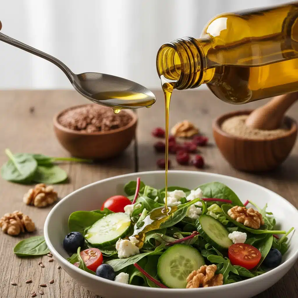 Aceite de lino en ensalada, fuente de omega-3