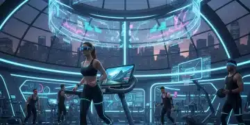Atletas utilizando gadgets deportivos avanzados en un gimnasio futurista en 2026