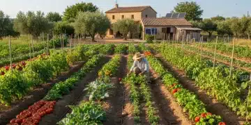 Campo español con cultivos orgánicos frescos y coloridos bajo el sol brillante.