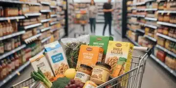 Cesta de la compra llena de alimentos con etiquetas nutricionales claras, reflejando la nueva normativa 2026.