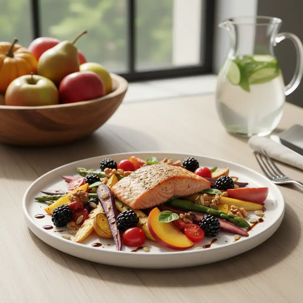 Plato saludable con verduras y frutas de temporada