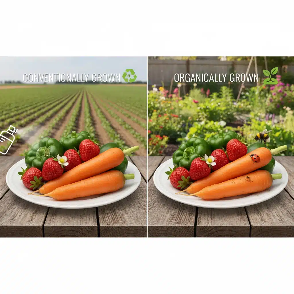 Comparativa visual de productos agrícolas convencionales versus ecológicos en dos platos.