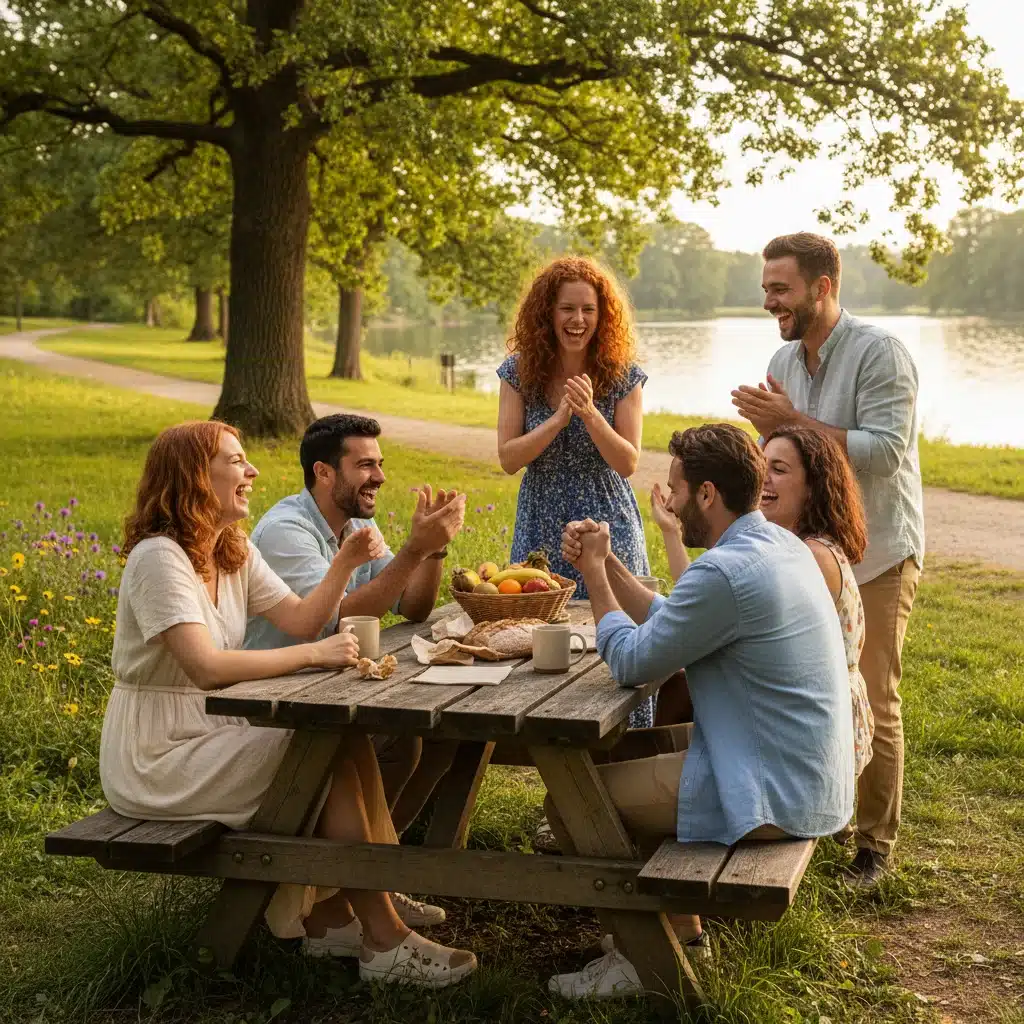 Grupo de amigos interactuando y riendo al aire libre sin dispositivos electrónicos, destacando la conexión real.