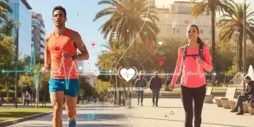 Mujer corriendo y hombre caminando a paso ligero en un parque, simbolizando salud cardiovascular