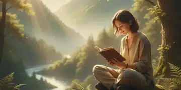 Persona leyendo un libro en un entorno natural, simbolizando la desconexión digital y la paz interior.