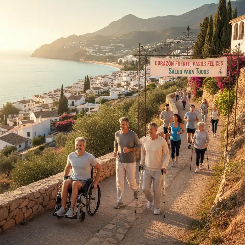 Grupo diverso de personas de todas las edades caminando y corriendo en un entorno natural español