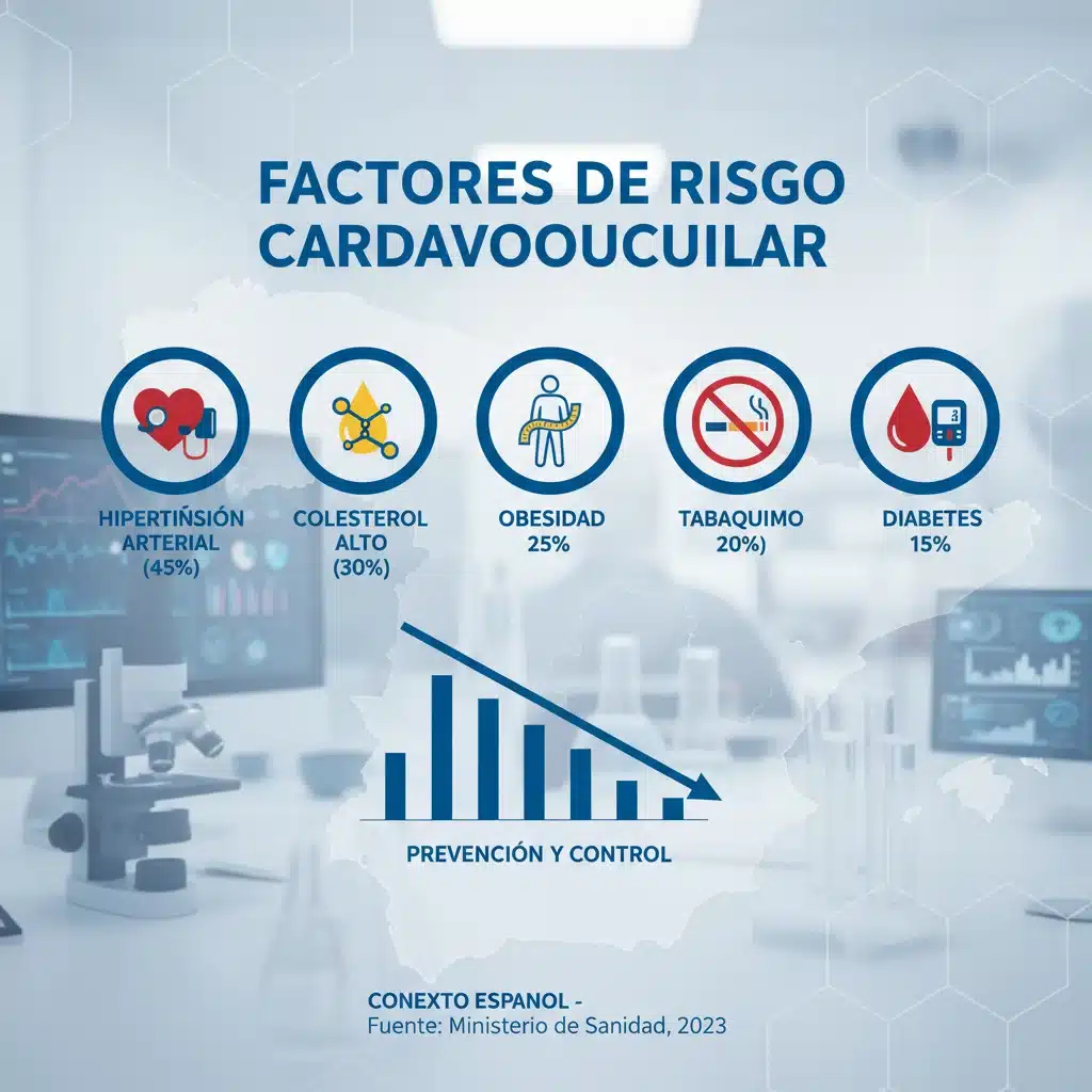 Infografía detallada mostrando los principales factores de riesgo de enfermedades cardiovasculares en España.