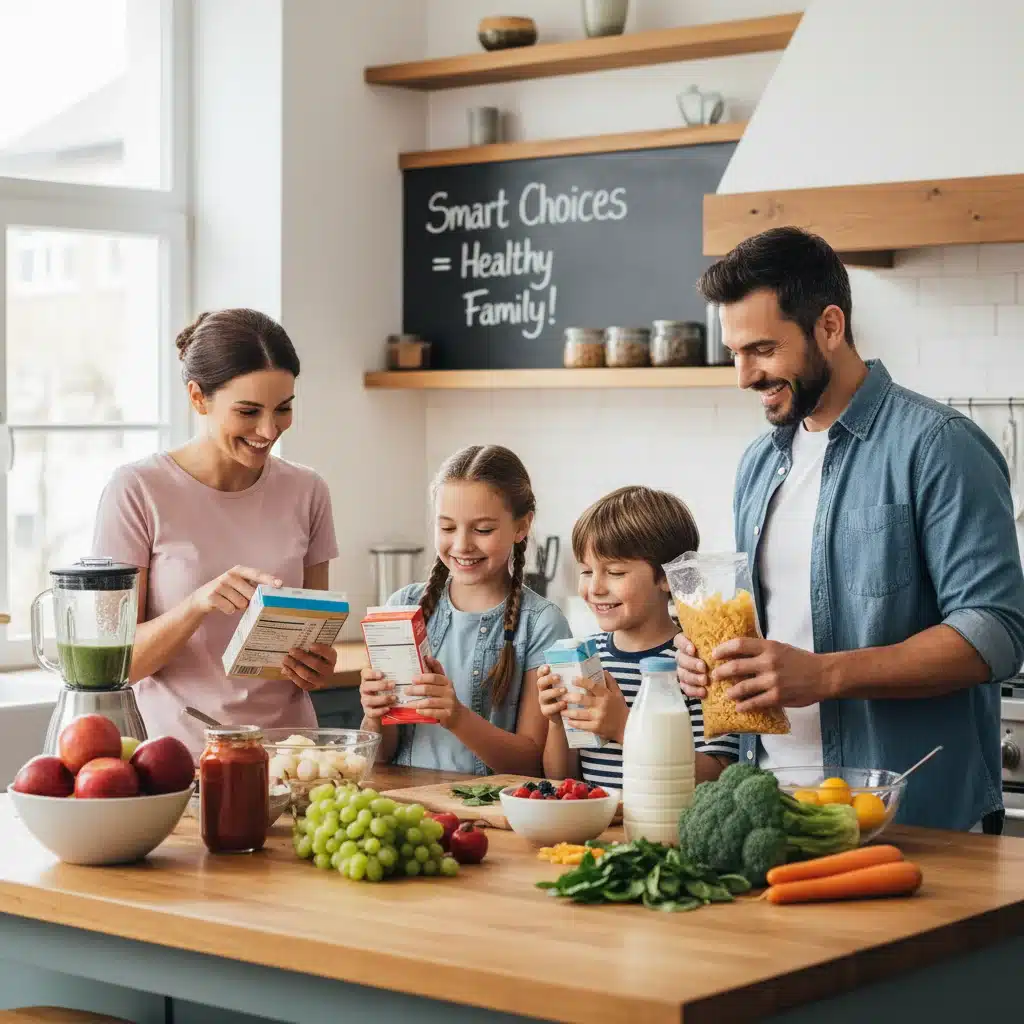 Familia leyendo etiquetas nutricionales en la cocina, promoviendo decisiones alimentarias saludables y conscientes.