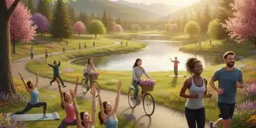 Grupo diverso de personas realizando actividad física al aire libre con expresiones de felicidad y bienestar.