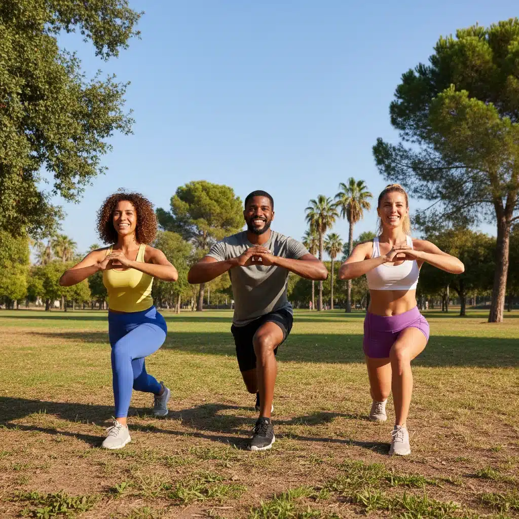 Grupo haciendo zancadas, entrenamiento funcional exterior