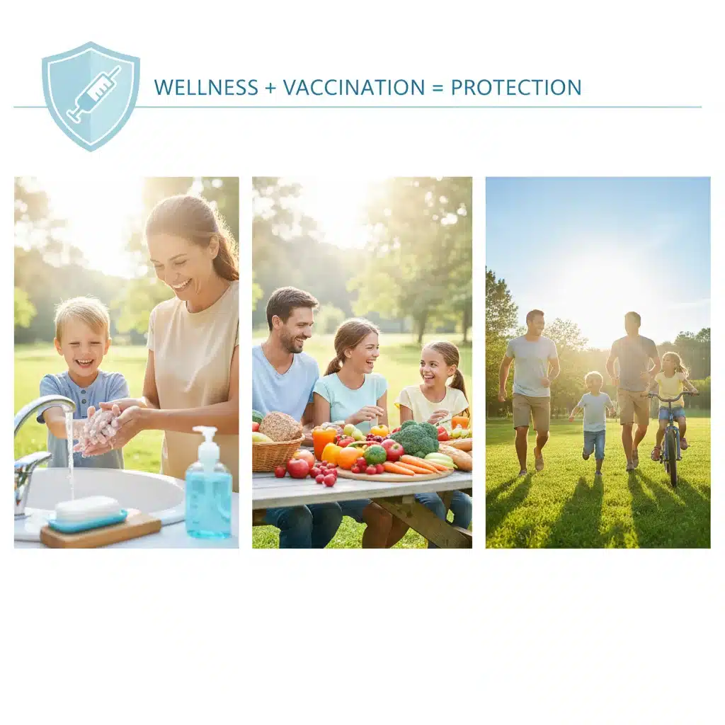 Familia practicando hábitos saludables para prevenir enfermedades respiratorias, complementando la vacunación.