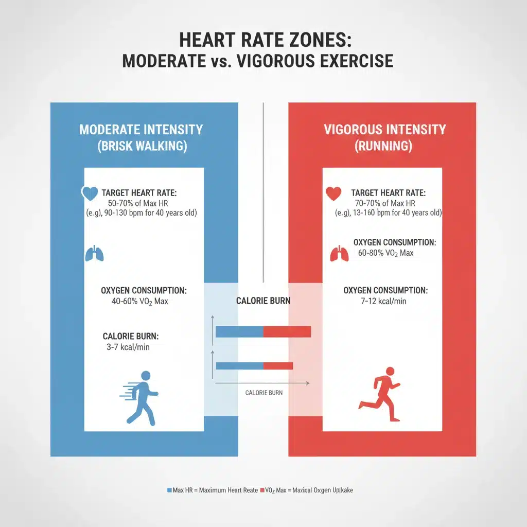 Infografía comparativa de zonas de frecuencia cardíaca y consumo de oxígeno al correr y caminar