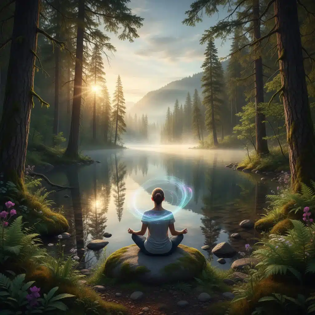 Persona meditando en un entorno natural tranquilo, simbolizando la reducción del estrés y la mejora del bienestar mental.