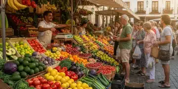 Puesto de mercado vibrante con frutas y verduras de temporada en España