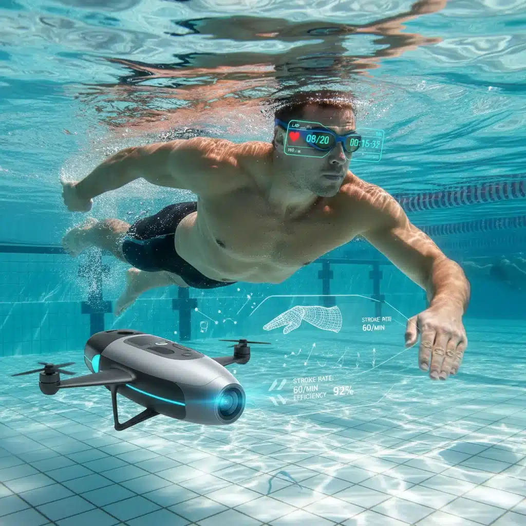 Nadador con gafas inteligentes y dron subacuático para análisis de rendimiento