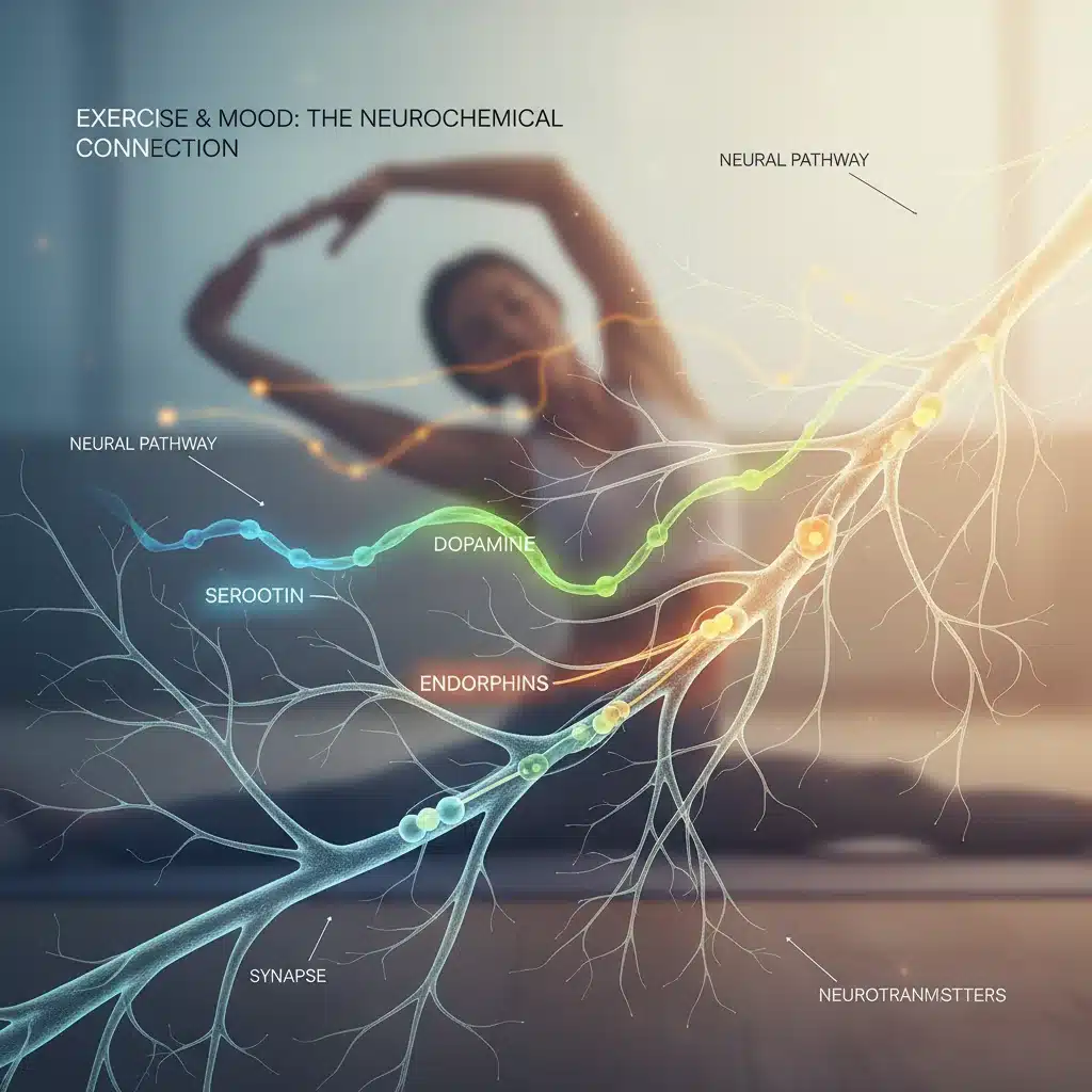 Ilustración de neurotransmisores cerebrales liberados durante el ejercicio, mostrando la conexión bioquímica con el humor.