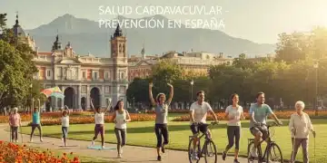 Grupo diverso de personas realizando actividades saludables al aire libre en España, simbolizando la prevención de enfermedades cardiovasculares.