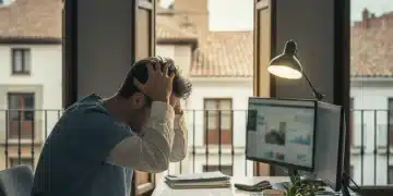 Profesional estresado en su entorno laboral, representando el agotamiento y la necesidad de prevención del burnout en España.