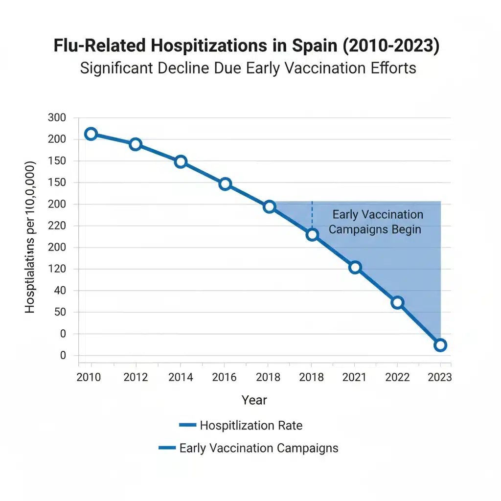 Gráfico mostrando la reducción de hospitalizaciones por gripe gracias a la vacunación anticipada en España.