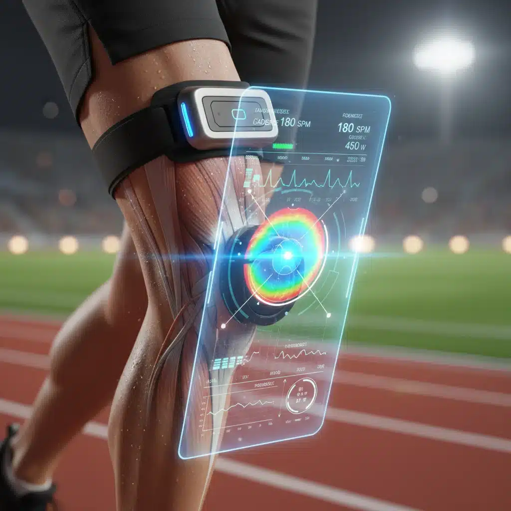 Sensor biométrico avanzado en la pierna de un corredor mostrando datos en tiempo real