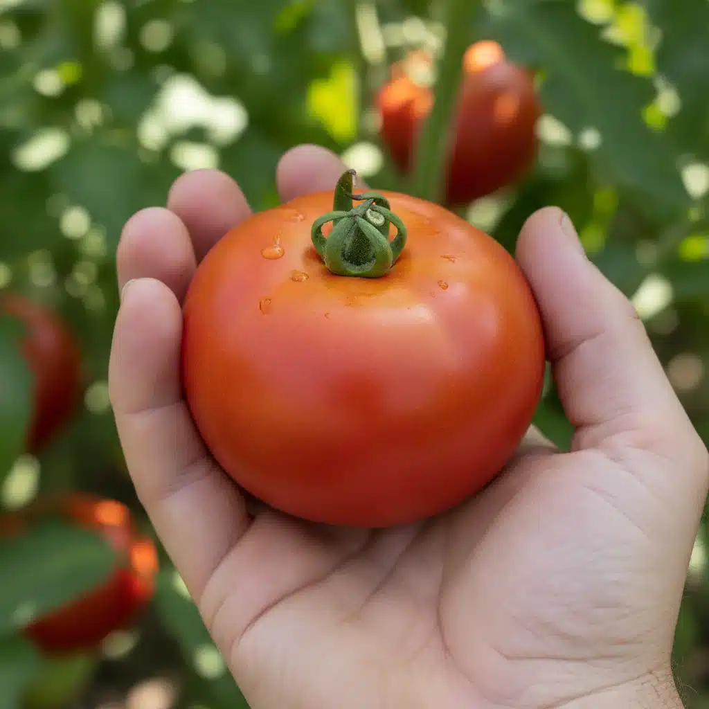 Mano sosteniendo un tomate fresco de temporada