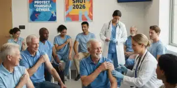 Personas recibiendo la vacuna contra la gripe en una clínica, destacando la importancia de la vacunación temprana en 2026.