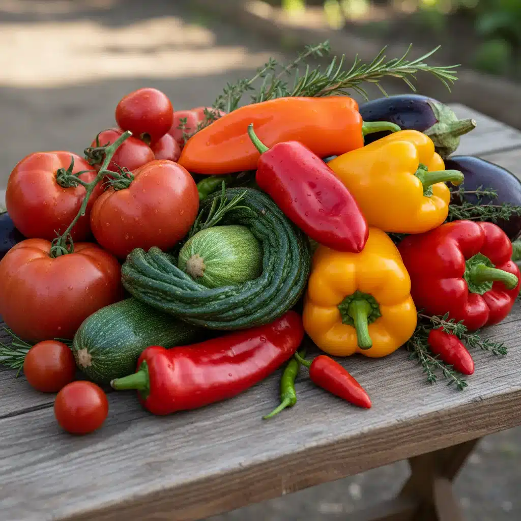 Variedad de verduras ecológicas españolas recién cosechadas sobre una mesa de madera rústica.